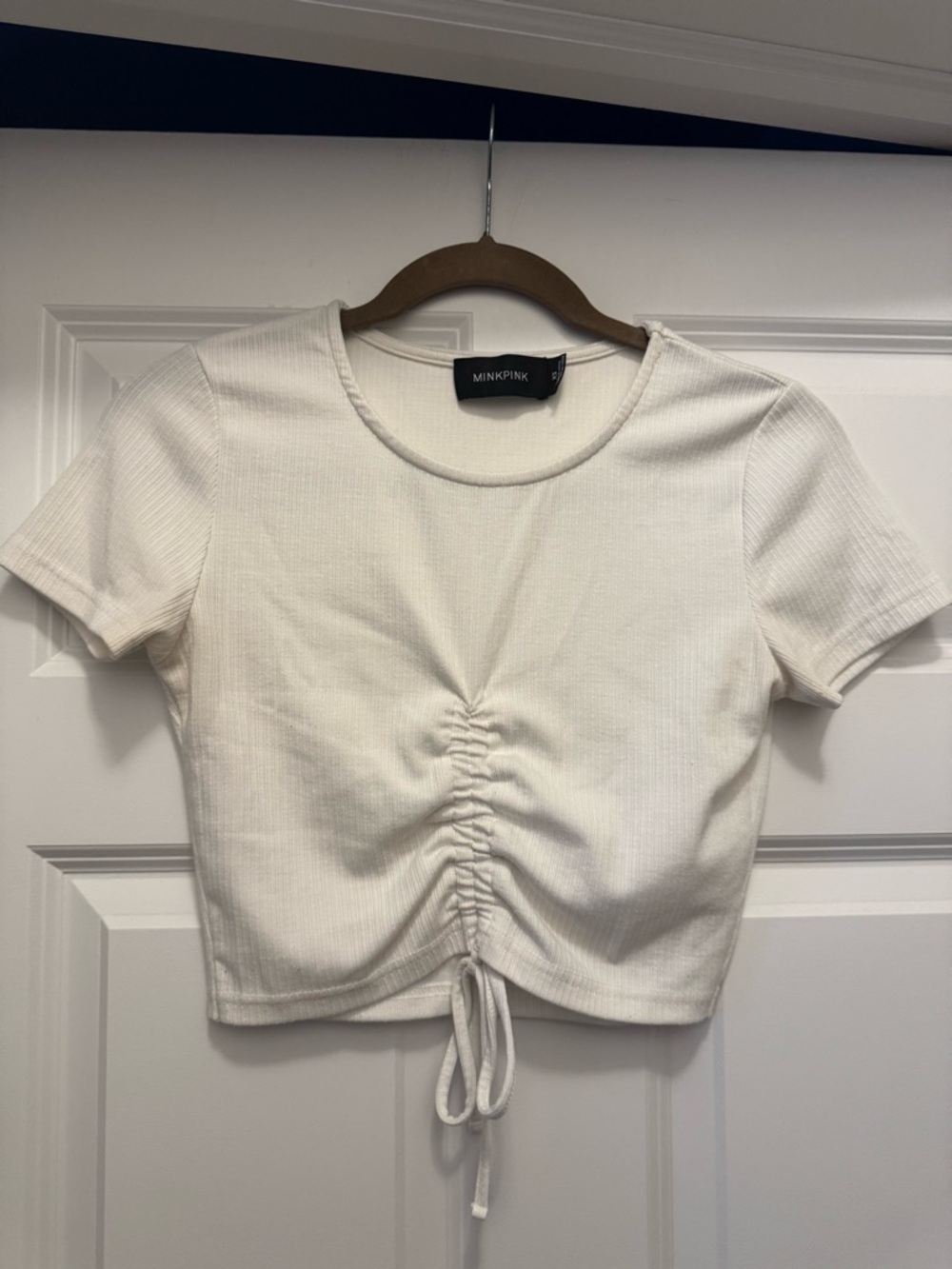MINKPINK Emery Tee- White Ruched Front Crop Tee